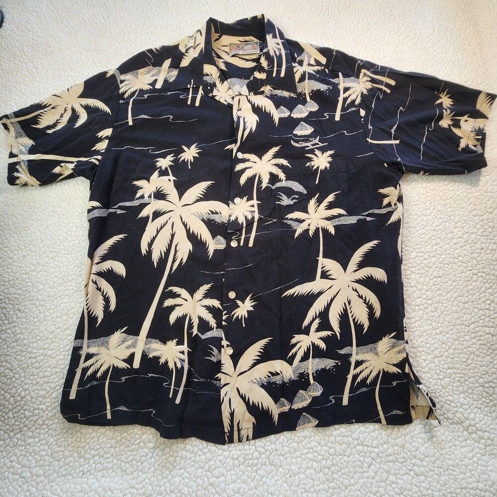 Tori Richard Men’s L Navy Blue Palm Trees Hawaiian Made Aloha Shirt Short Sleeve